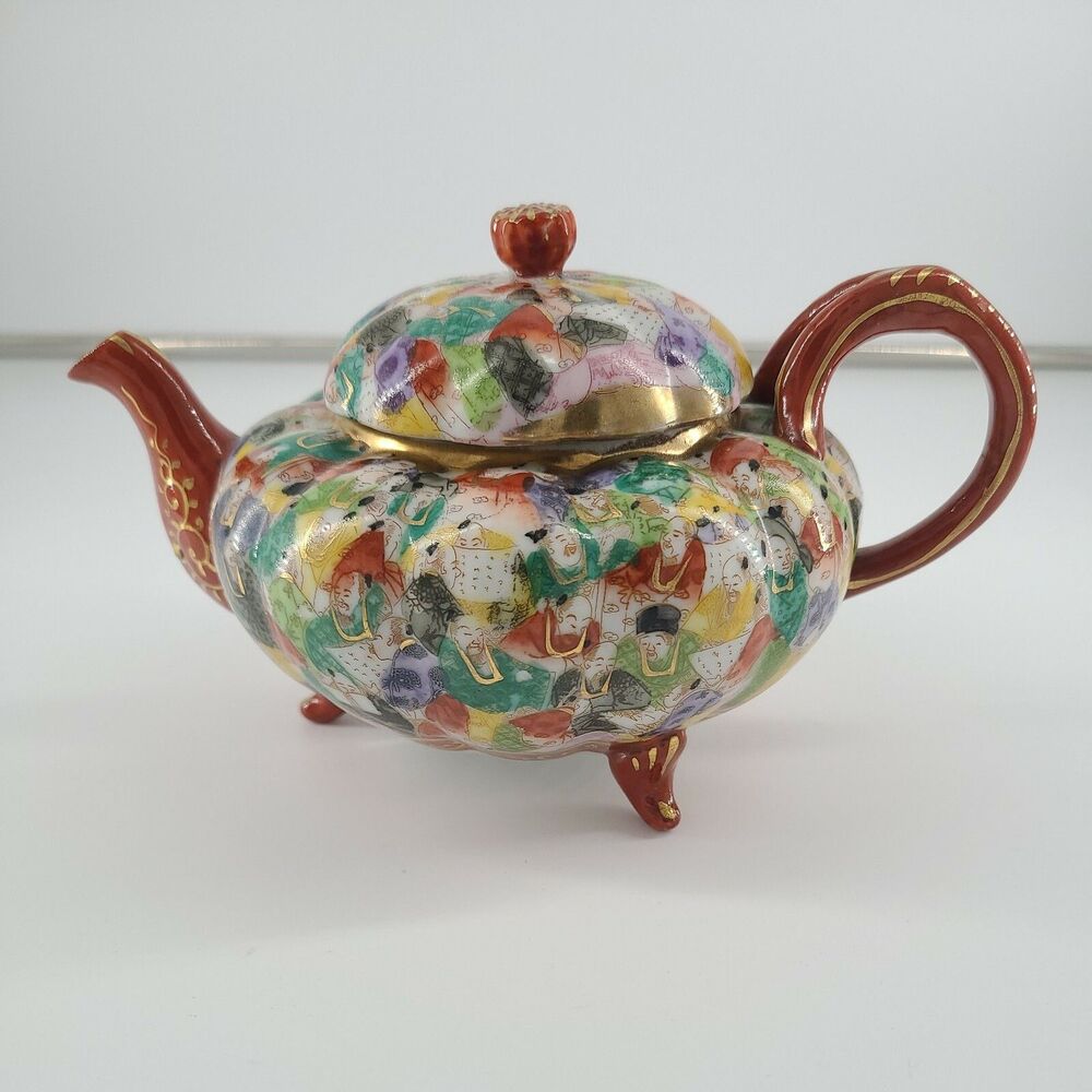Thousand Faces Teapot Scholars Hand Painted Japan Kutani